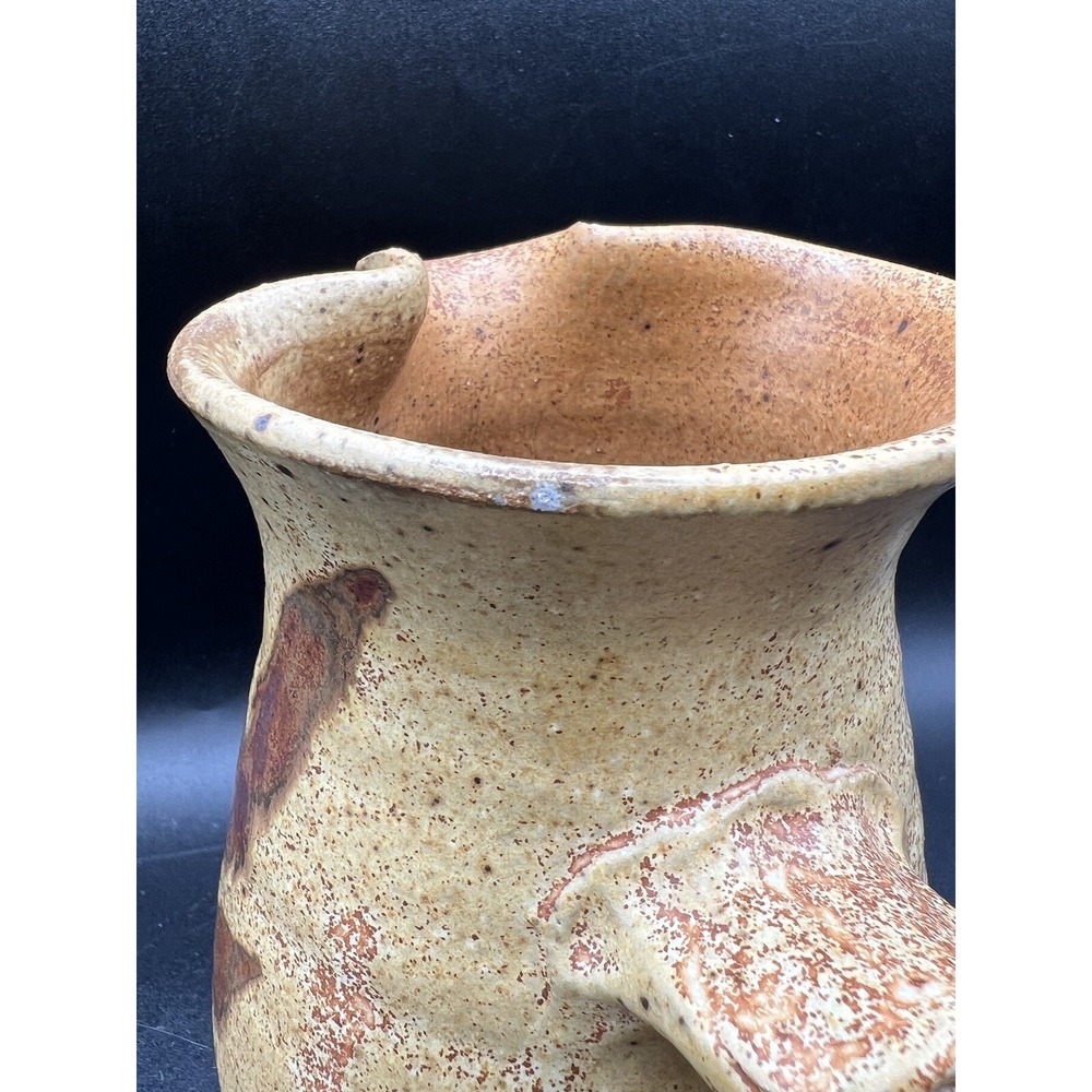 Studio Pottery Hand Thrown Pitcher Tan Brown Speckled Leaf Motif Signed K 7in - Picture 8 of 9
